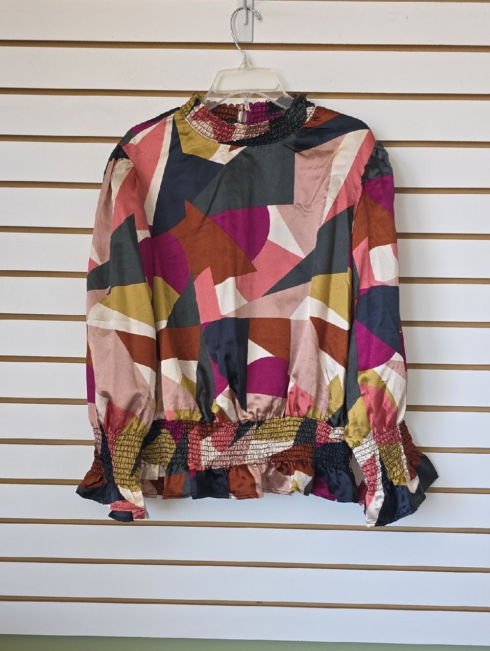 Geometric Smocked Long Sleeve Blouse
